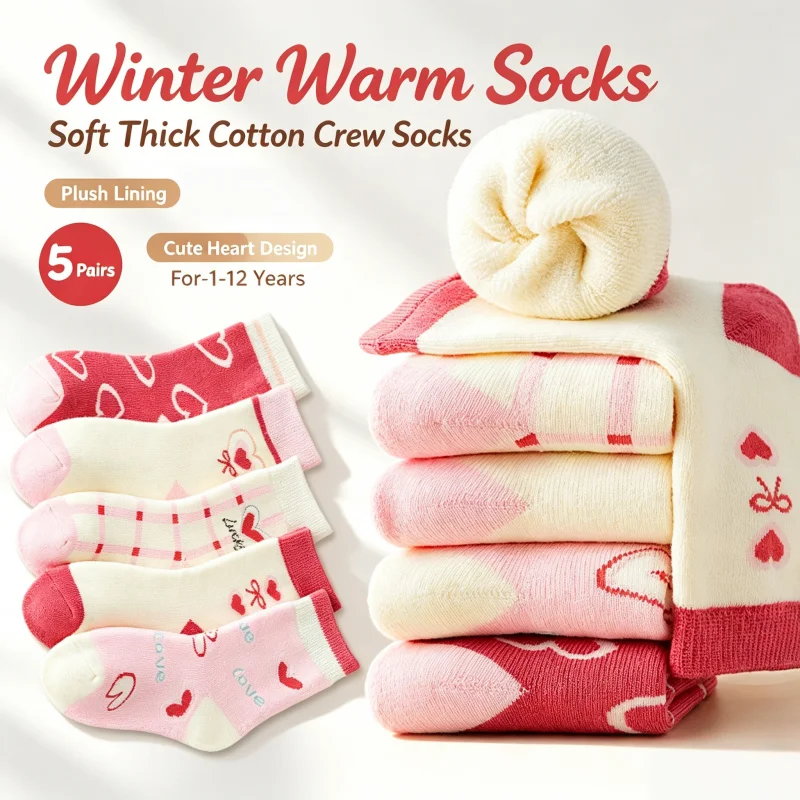 Girls Winter Socks 5 Pairs Baby Cute Color Princess Pink Thick Cotton Socks Children Warm Winter Socks