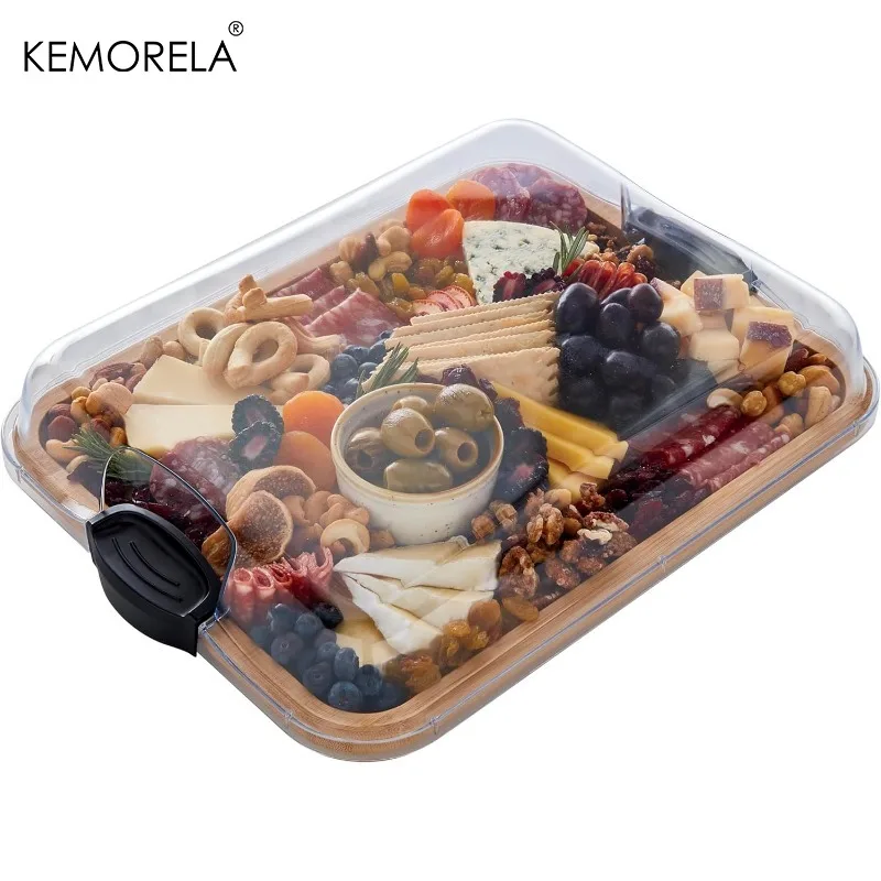 1Set Bamboo Cutting Board with Clear Locking Lid and Black Handles Perfect for Charcuterie Snacks and More Single Compartment
