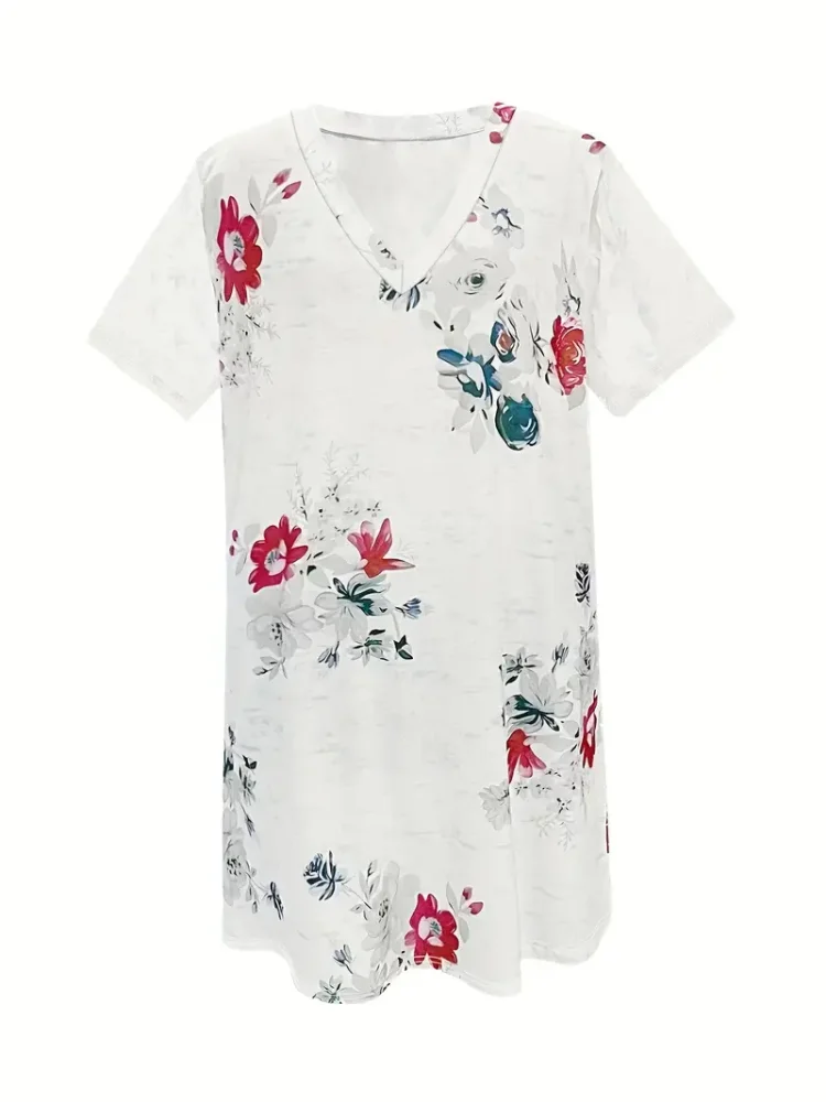 Plus Size Floral Print Mesh Stitching Dress Casual V Neck Short Sleeve Dress For Spring & Summer Odzież damska Plus Size