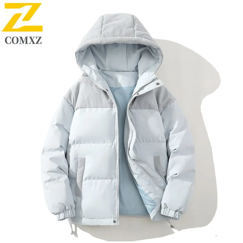 COMXZ Corduroy Patchwork Down Jacket Unisex Hooded Short Puffer Coat Thickened Cold Proof Thermal waterproof Duck Down Coat 2025