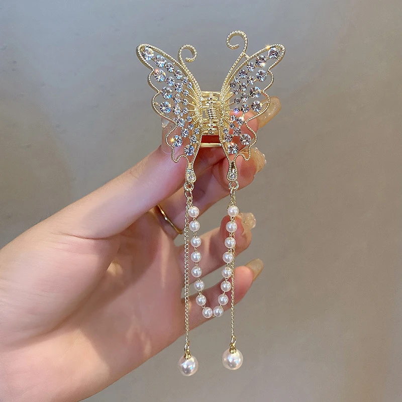 Exquisite Rhinestone Butterfly Fringe Hair Claw Korean New Ponytail Braid Pearl Hair Clip Girl Crab Metal Headdress Gift