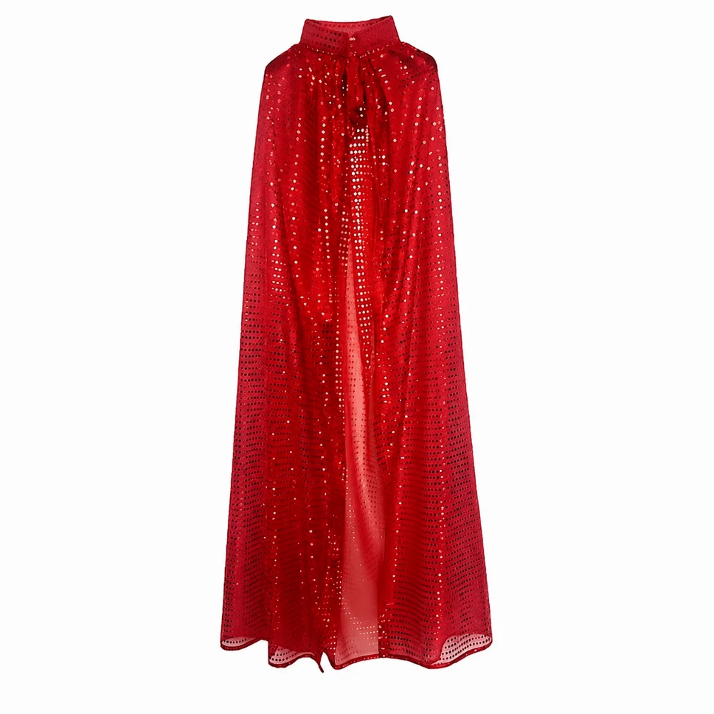 New Long Shiny Sequin Cape Fantasy Vintage Halloween Cosplay Robe Lightweight Stand Collar Shiny Cloak Women