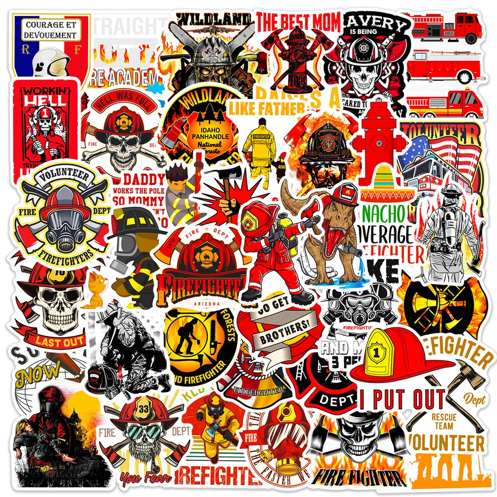 10/30/50pcs Firefighter Graffiti Stickers Brave Fireman Fire Trucks Cartoon Decals Toys Waterproof Cool DIY Phone Diary Bike