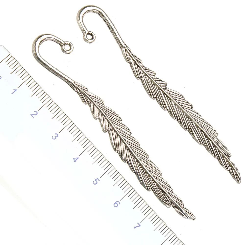 

10pcs Office Suppliers School Stationery Feather Bookmarks For Books DIY Long Flat 80mm Vintage Silver Plated Jewelry Findings