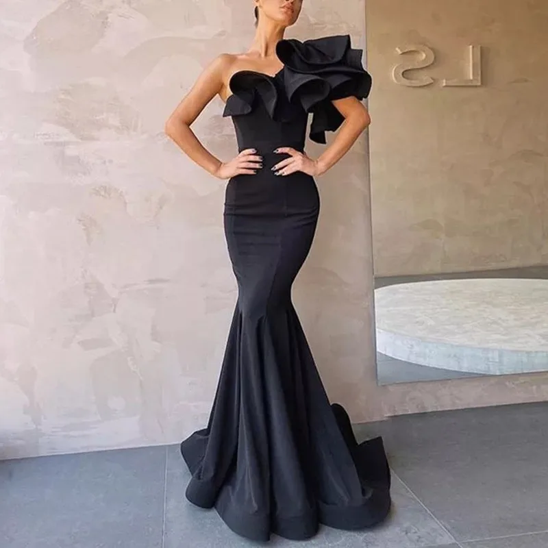 

Black Mermaid Prom Dresses 2022 One Shoulder Ruffles Simple Party Evening Gown For Women Satin Floor Length Cheap Custom Made