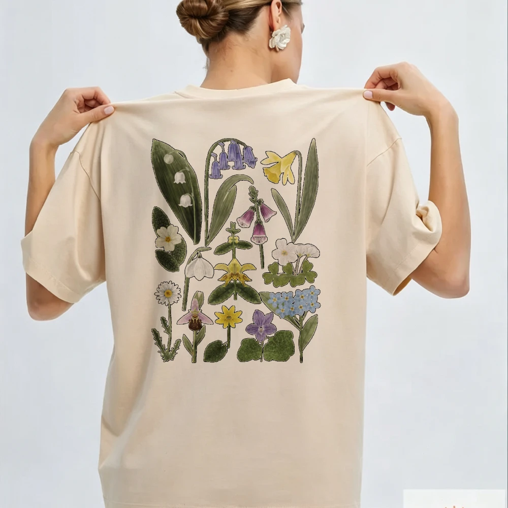 Vintage Botanical Print Crew Neck Short Sleeve T Shirt Floral Pattern Casual Top Funny Outdoors High Quality Cotton Short-sleev
