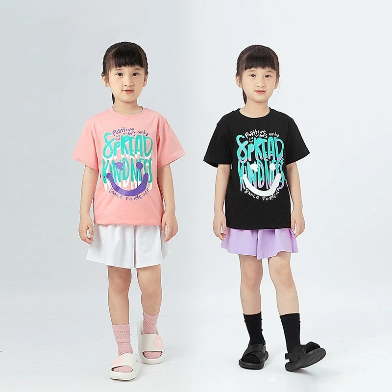 Girls T shirt Smile Cute Print Short Sleeve Tops Casual Fashion Tees Children Round Neck Thin Loose Base Shirt Boys Clothes