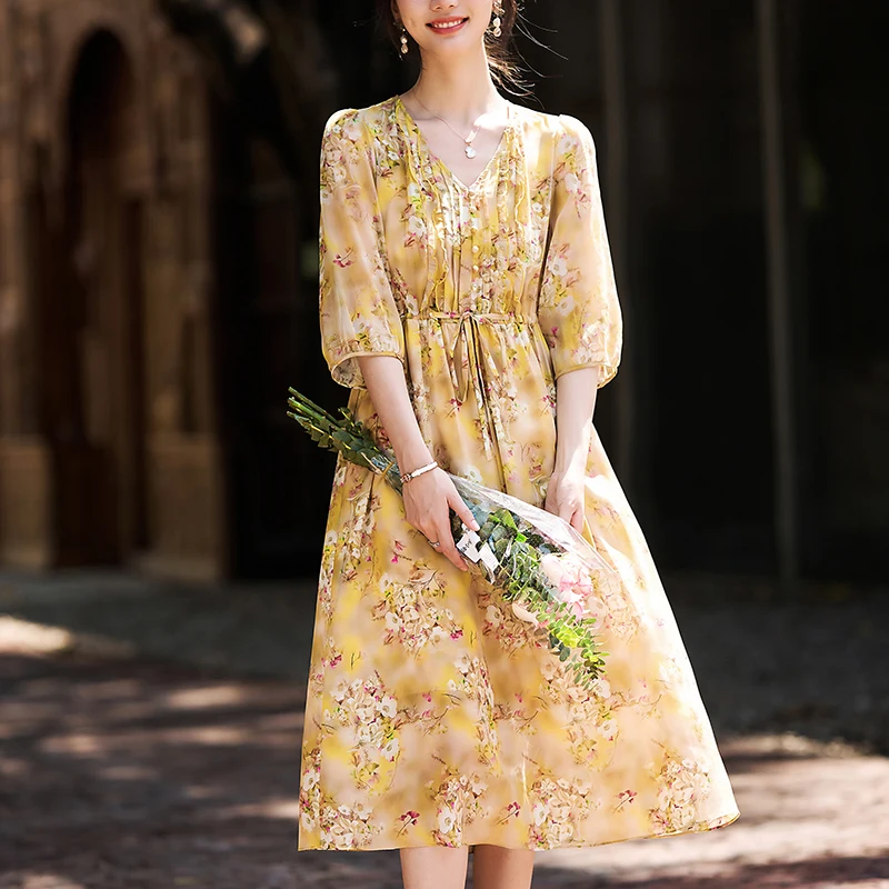 Elegant Chic Dresses for Women Summer 2026 V-neck Women's Floral Print Dress A-line Drawstring 100% Real Silk Woman Long Dress