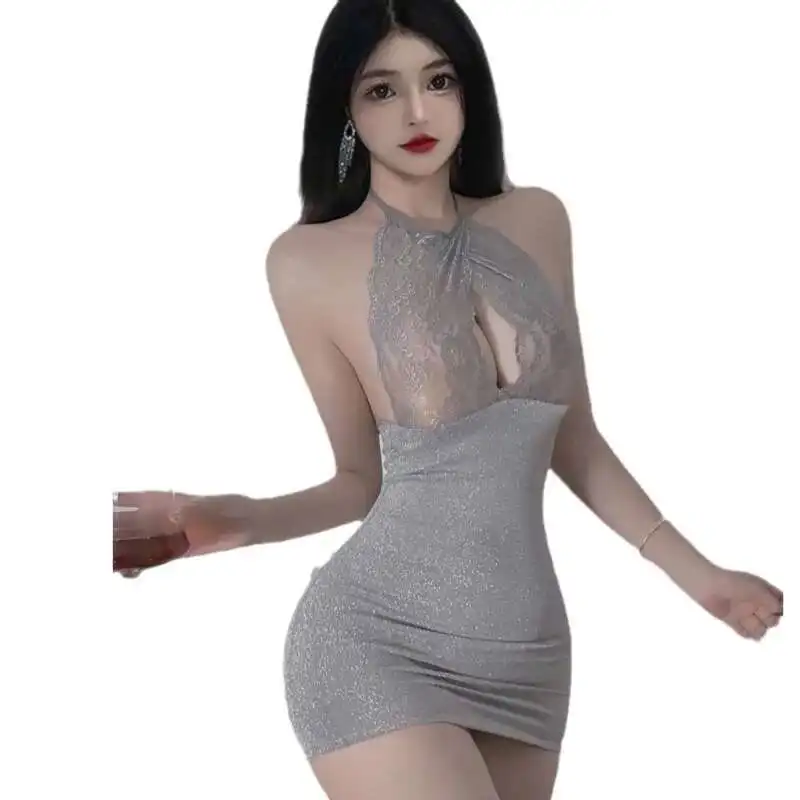 Abito attillato in seta brillante con collo appeso avvolto all'anca scava fuori discoteca erotico delicato romantico nuovo sottile maturo elegante Sexy QRYL