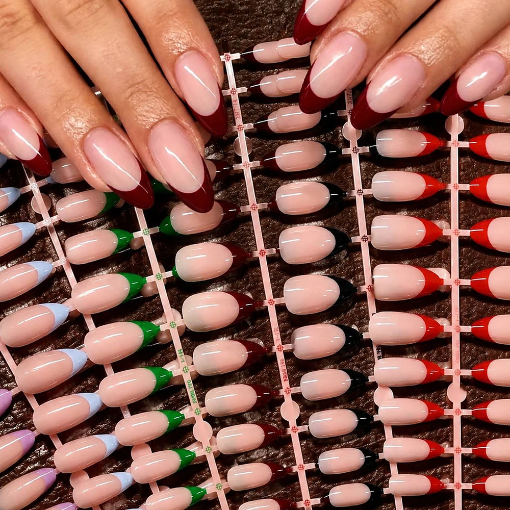 144Pcs Premium Shiny French Almond Press On Nail Multicolor Gradient Almond Shaped Fake Nail Elegant Party Almond False Nail