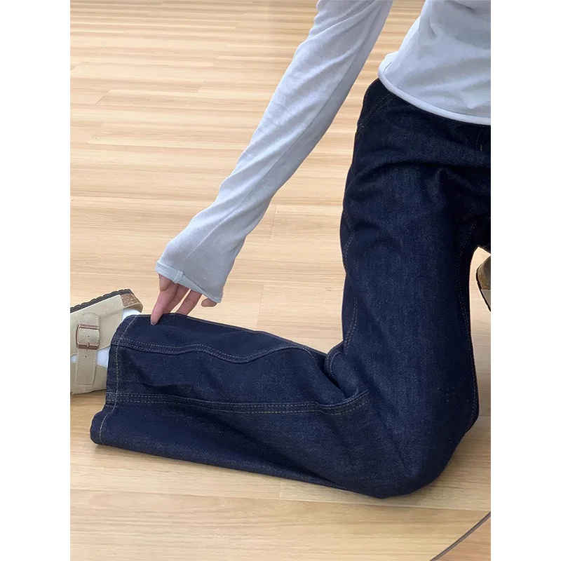 Dehnbare Denim-Jeans im Pendelstil, tiefblau, hohe Taille, weites Bein, Fleece-gefüttert, gerader Schnitt, für Damen, Übergröße, bequem