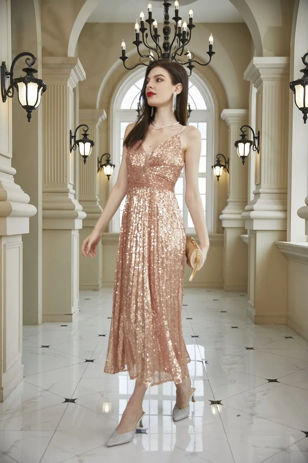 

Sexy Wedding Guest Dress 2024 Women's Rose Gold Open Back Slim Fit Tank Top Sleeveless Party Famous Cocktail Party Dress