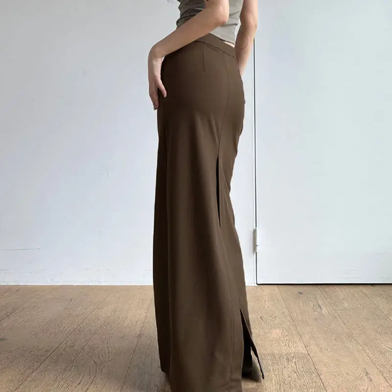 

Topanoma Skirts Women Vintage Split Sexy Solid Fashion Wrap Hip Club French Style Chic Knitwear Long Skirt Ladies Casual Party
