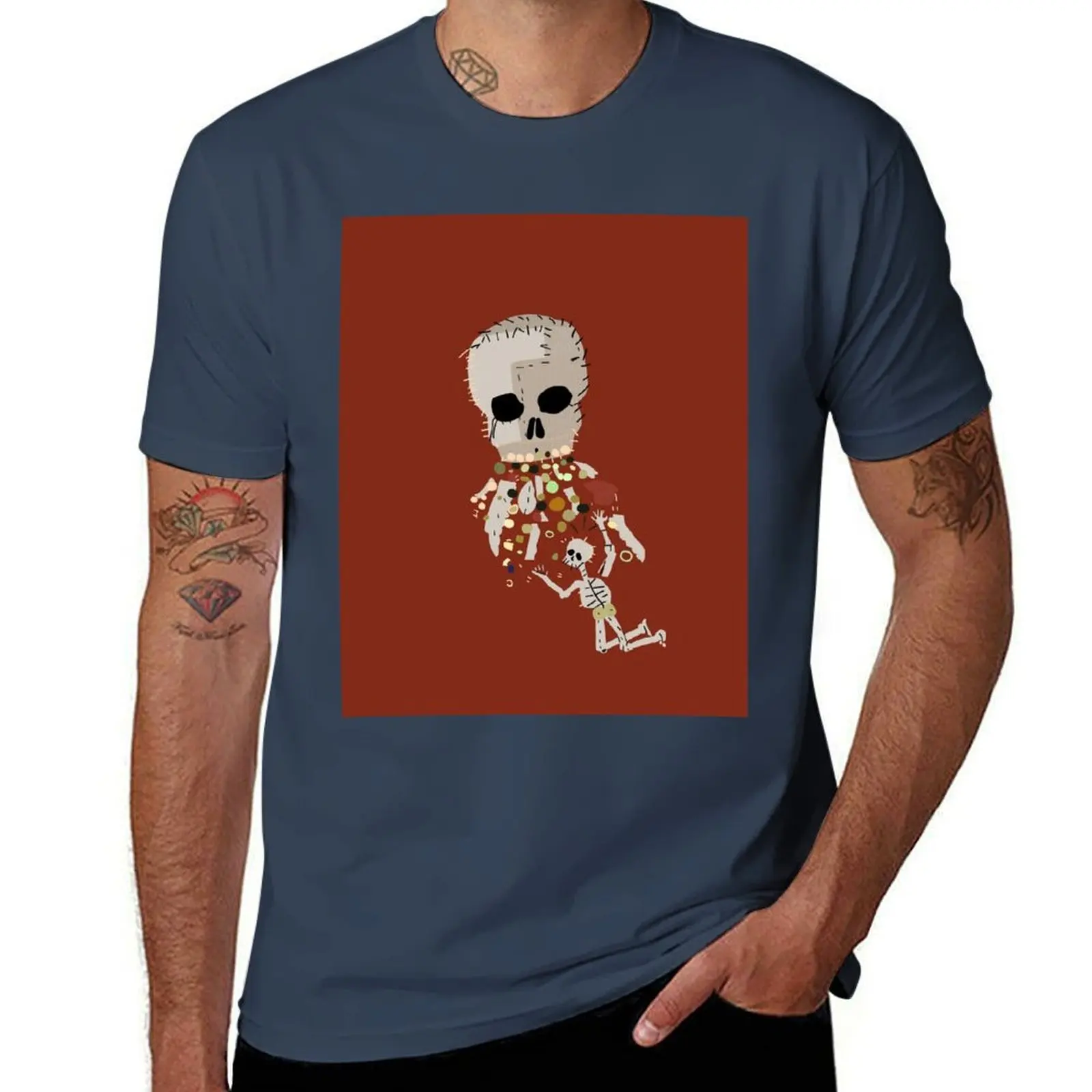 Our Flag Means Death Vomiting Skull On Skeleton Flag Design T-Shirt Soft Cotton Print T-Shirt