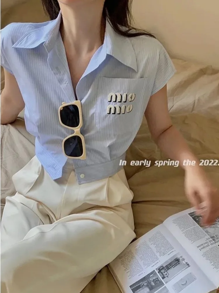 

Beautiful Young Women Crop Shirts Polo Collar Single Breasted Sleeveless Blouse Design Tops Blue Striped Korean Fashion Summer