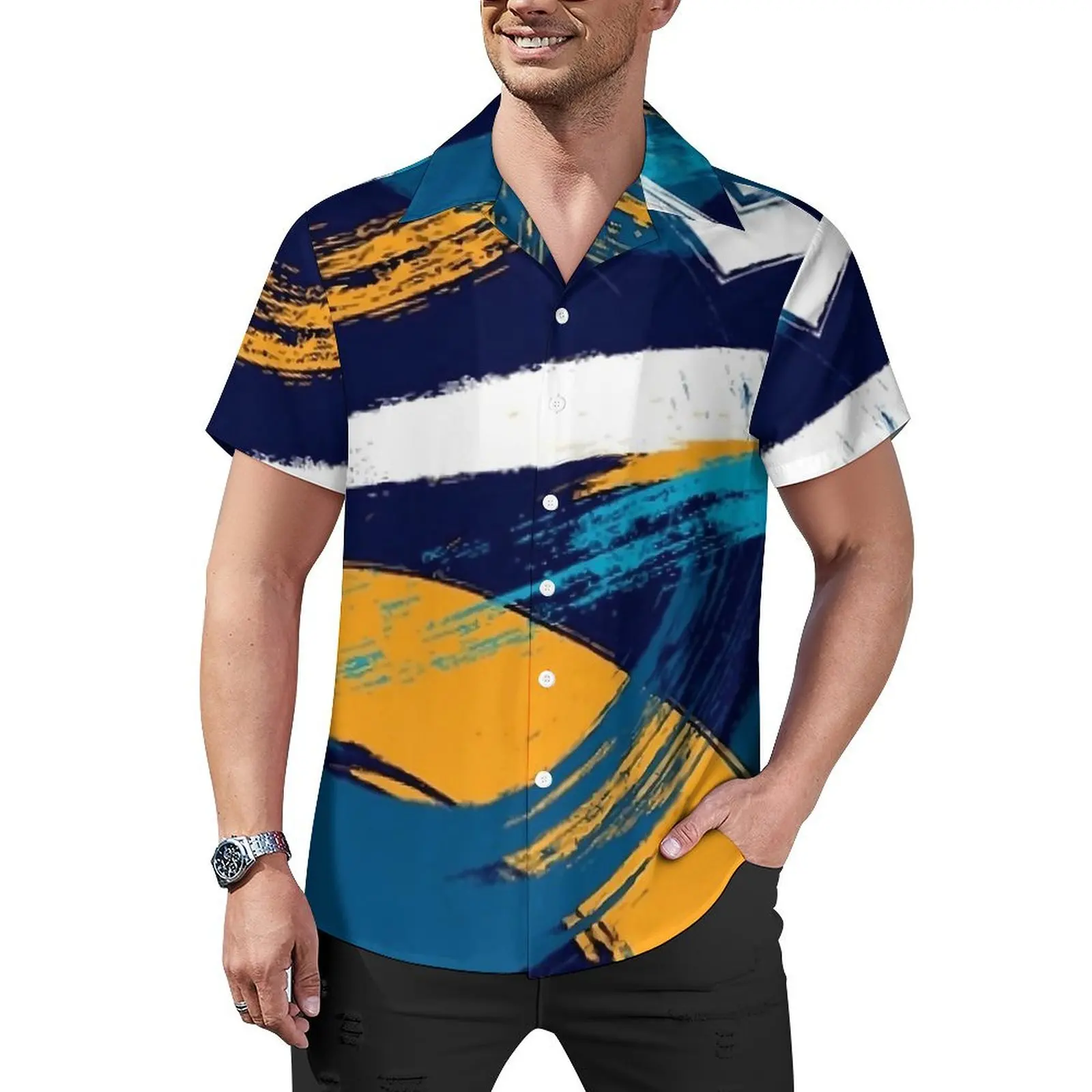 Summer Shirt Vacation Brush Print Blouses Blue Yellow White Retro Casual Shirts Male Short Sleeve Comfortable Plus Size Tops