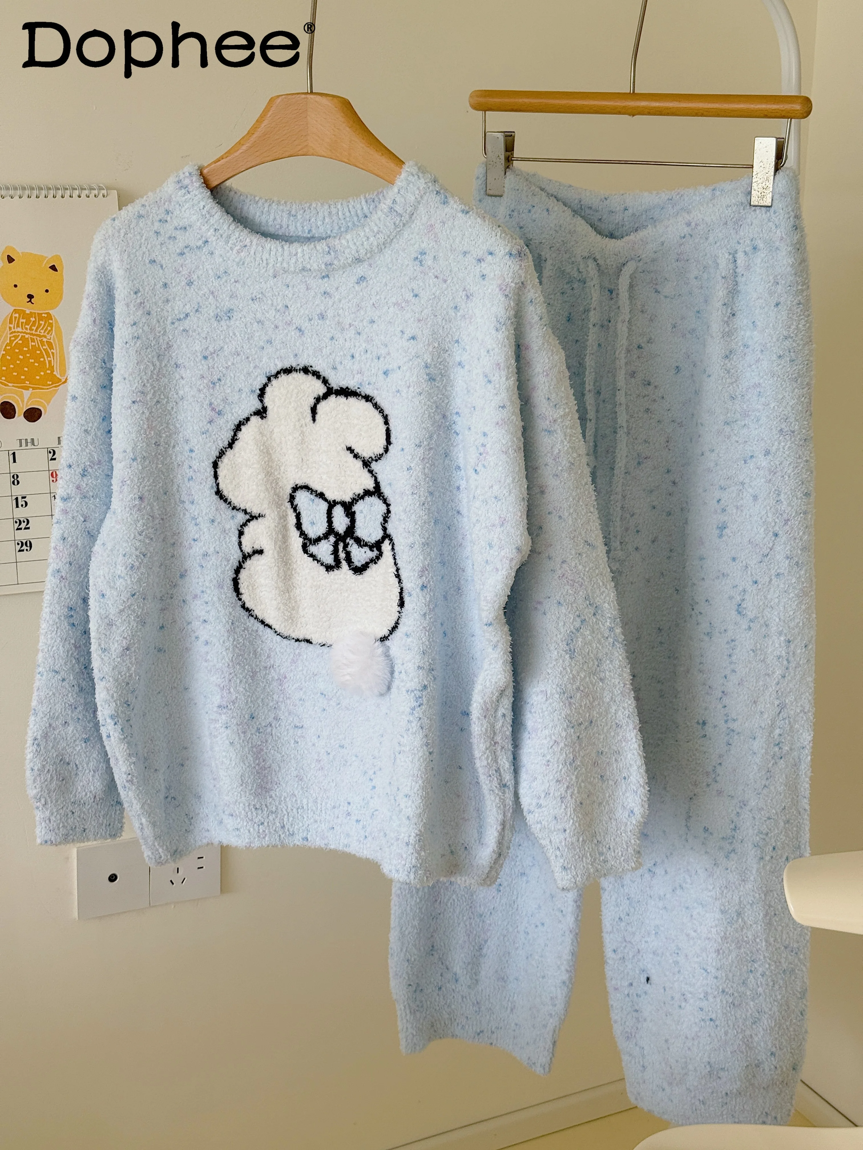 

Осень-зима японский стиль Ins мультфильм милый кролик мягкий утолщенный теплый пуловер с круглым вырезом домашняя одежда можно носить вне пижамы