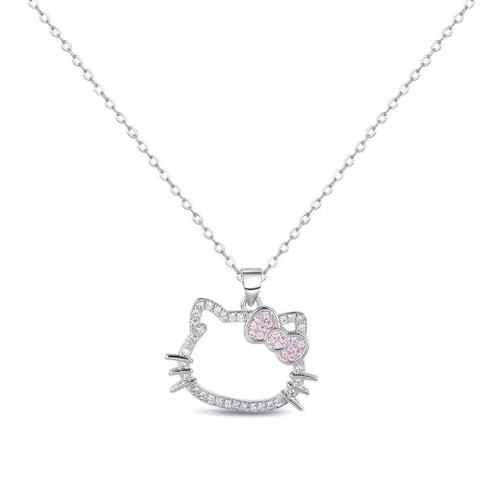 Lovely Hello Kitty Sanrio Anime Kids Chain Necklace Cute Cartoon Hollowed Kitty Crystal Ring for Women Girls Birthday Gift