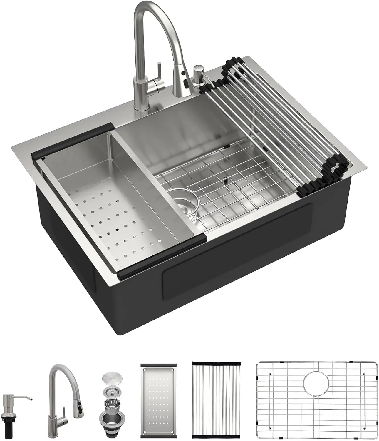 30 In.Drop In Kitchen Sink With Faucet Topmount Stainless Steel Sink Single Bowl Overmount Basin Brushed Nickel 30