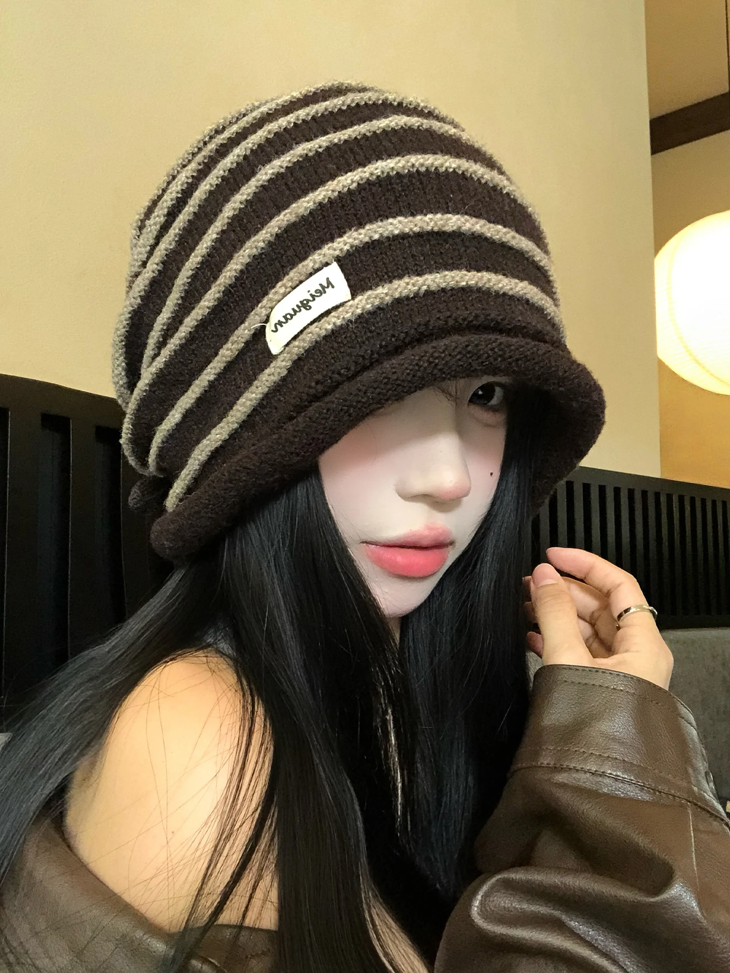 Coffee Brown Retro Striped Letter Patch Knitted Hat Women's Autumn Large Head Size Face Slimming Cool Cold Cap Casual Style