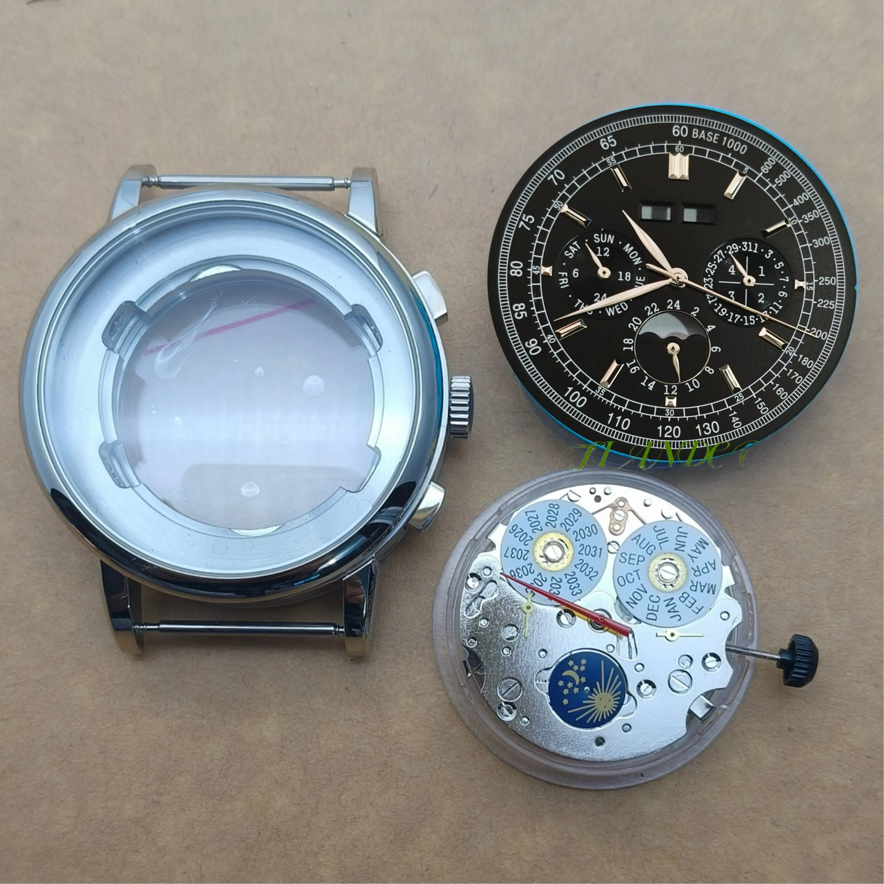 42mm Men Watch Case Dial Add Hands With ST16 Black Moon-phase, Annual Calendar & Month Mechanical Automatic Movement