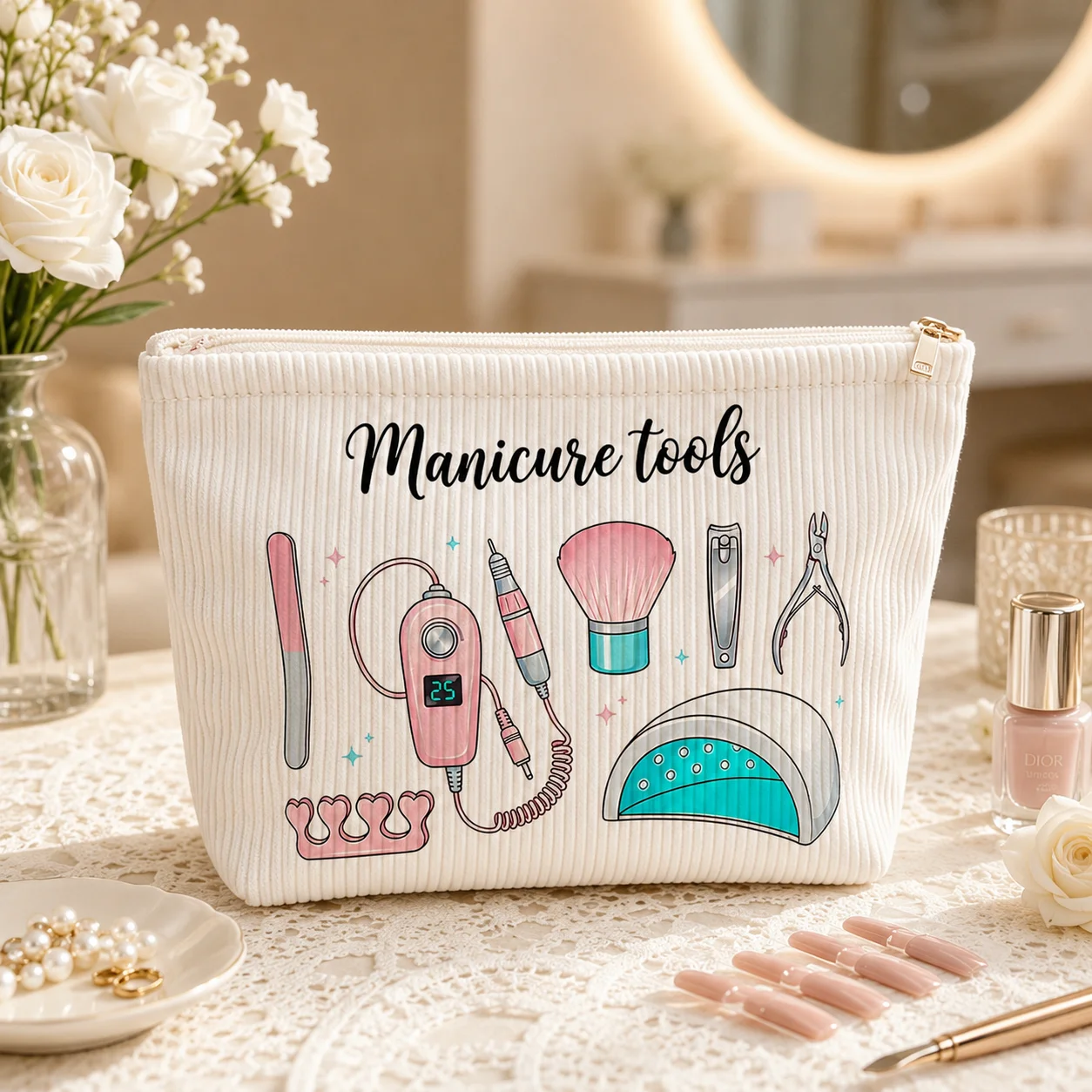 Pastel Corduroy Manicure Tool Bag, Large Zipper Nail Art Organizer Pouch for Women, Salon, Home & Travel Storage