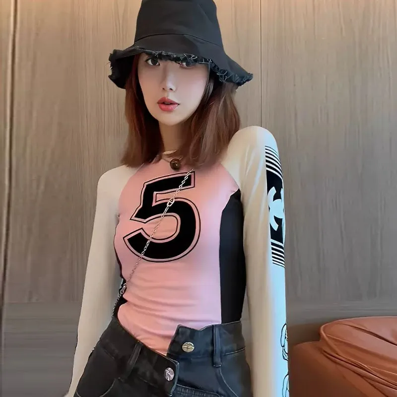 

Spring 2025 Women's Pink Long Sve Base irt Trendy Color Blo Digital Design Slim Fit T-irt Cotton Lycra Busin Home