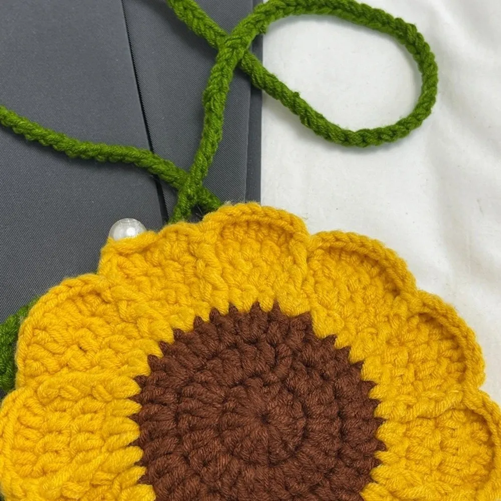 Sweet Handmade Knitted Handbag Rustic Design Sunflower Pattern Mini Shoulder Bag with Strap Woven Crossbody Bag for Women