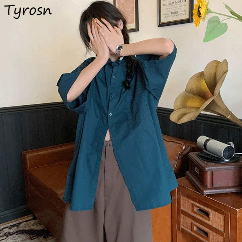 

Shirts Women Vintage Design Loose Trendy Simple Solid Summer All-match Leisure Cozy Daily Students Sweet Tender Turn-down Collar