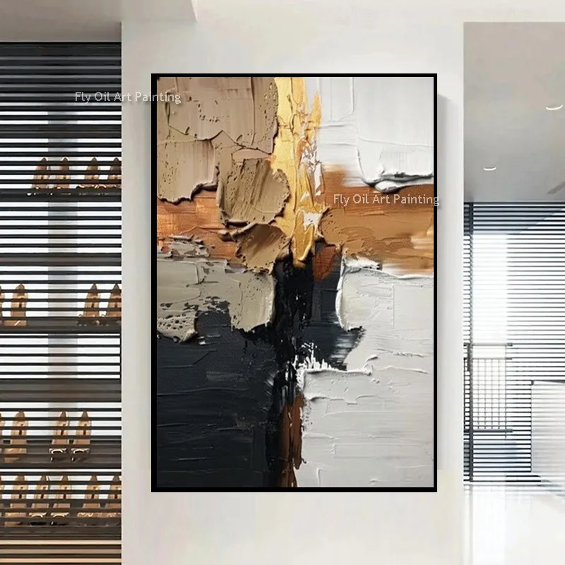 Hand Painted Black And White Abstract Knife Thick Oil Painting On Canvas New Simple Golden Home Wall Decor For Living Room