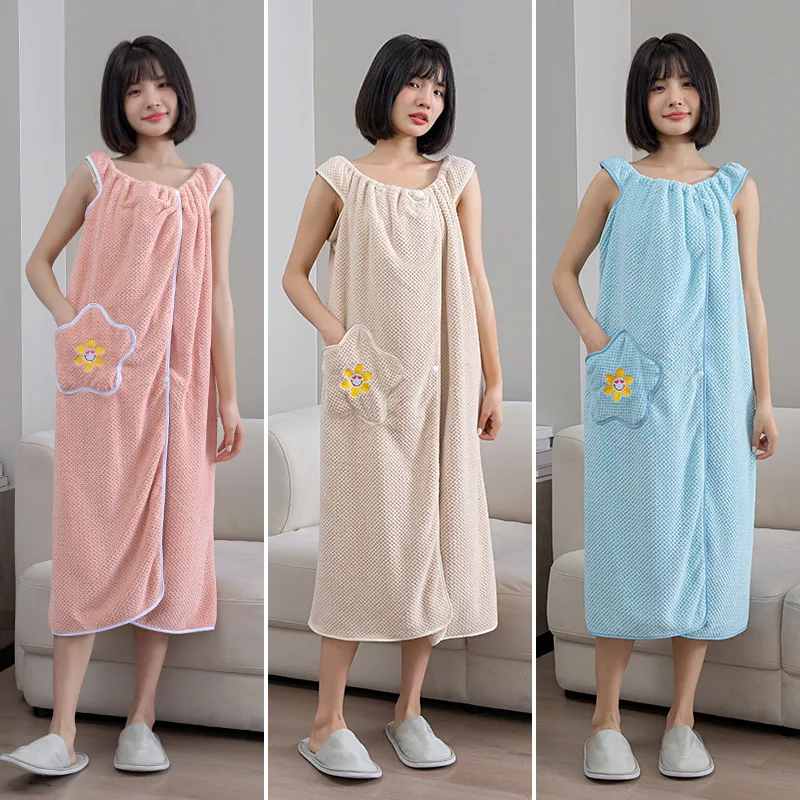 Women’s Strap Bath Robe with Star-Patterned Pockets, Coral Fleece, Absorbent and Quick-Drying, Wrap-Around Bathrobe Towel