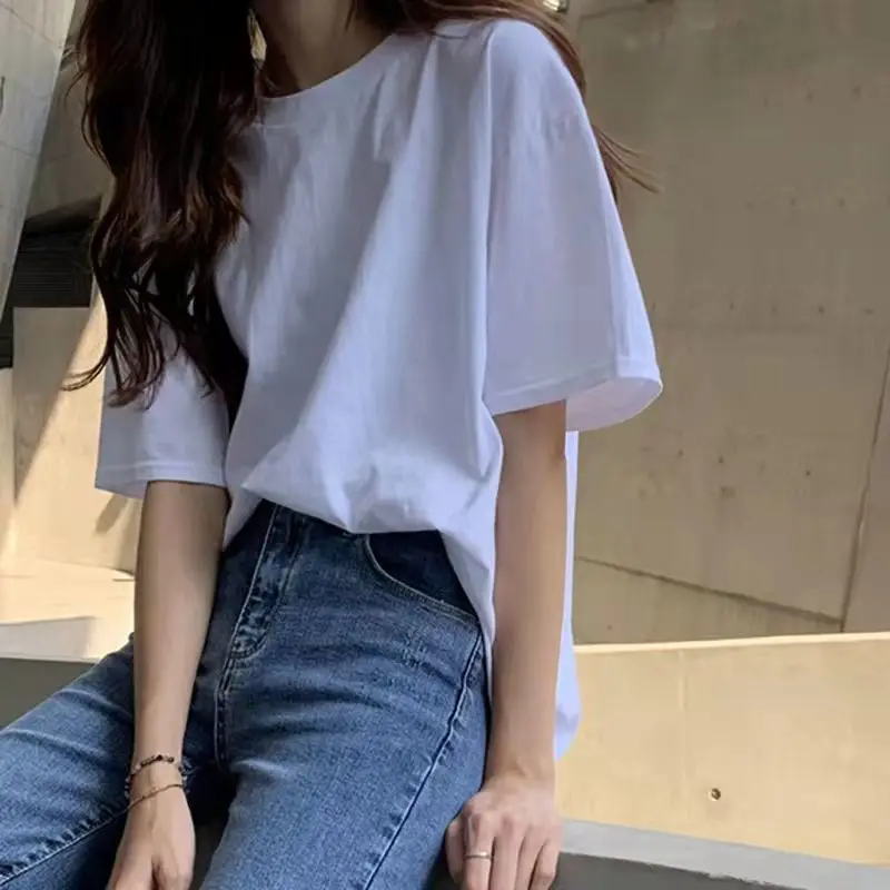 Pure Cotton Black and White T-shirt for Women Summer Wear 2024 New Loose Short Sleeved Bottom Shirt Student White T-shirt Trend