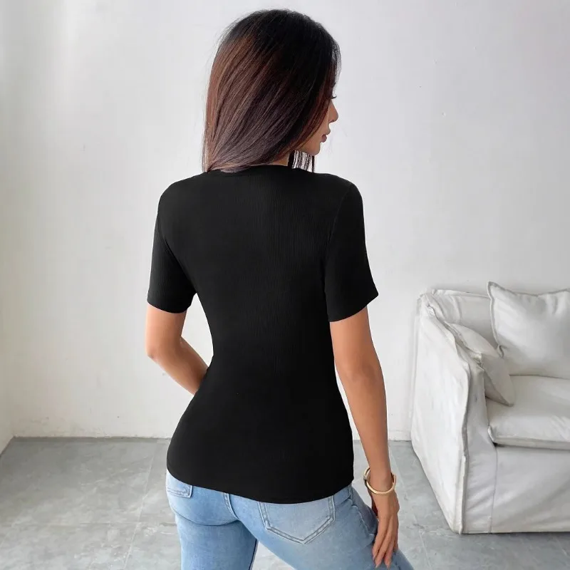 Women's Ribbed Crop Top - Short-Sleeve with Lace Trim Cutout Detail