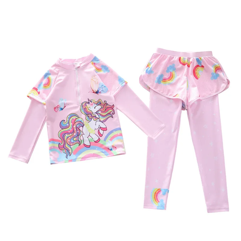 

HappyFlute New Summer Two Pieces Set Zipper Design Long Sleeve Unicorn Prints Baby Girls Vacation Swimsuit