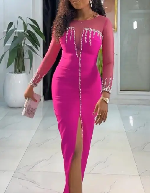 

Womens Dresses 2025 Spring Autumn New Solid Color Sexy Perspective Splicing Long Sleeve Slit Casual Round Neck Slim Long Dress