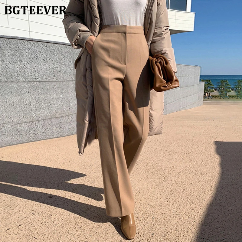 BGTEEVER Elegant Loose Female Woolen Trousers High Waist Single Button  Thicken Warm Suit Pants Women Autumn Winter