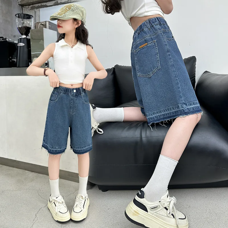 Children's Summer Denim Five-point Pants Big Kids Knee-Length Shorts with Edge Design for Teens Girl Fashion Short Jeans 4-14Yrs