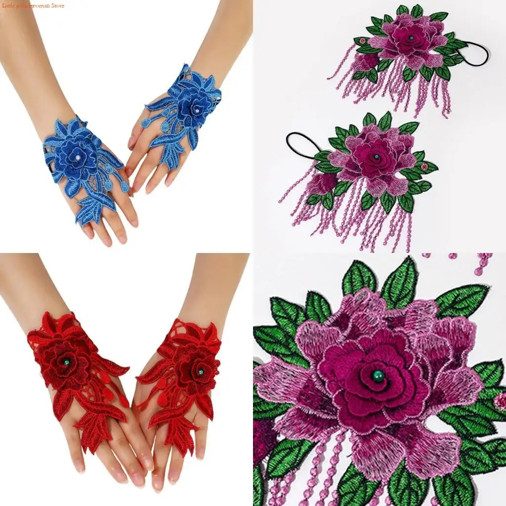 

F92D кружевные перчатки без пальцев, полые кружевные перчатки с петлей для пальцев, цветочный браслет с вышивкой, браслет в с