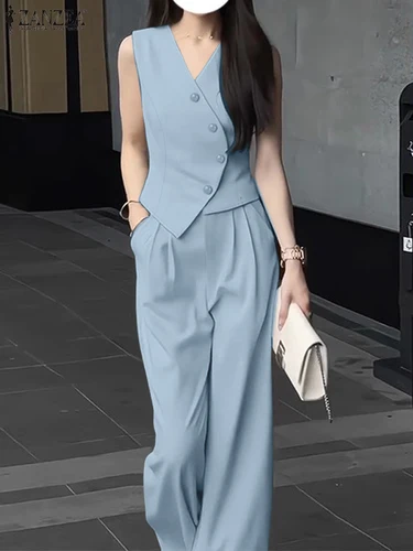 Imagen 2 del producto ZANZEA-Conjunto de 2 piezas para mujer, Tops elegantes sin mangas, pantalones de pierna ancha, trajes de oficina sólidos, pantalones de trabajo OL, conjuntos de 2 piezas