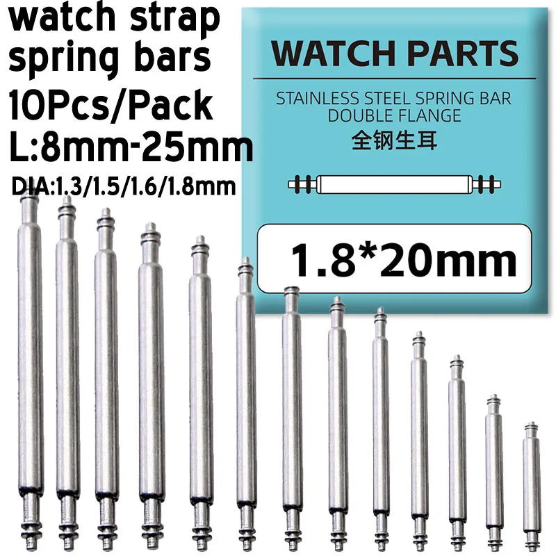 Dia 1.3/1.5/1.6/1.8mm Stainless Steel Watch Band Spring Bars 10pcs Silver Metal Watch Strap Link Spring Pins Repair Tool 8-25mm
