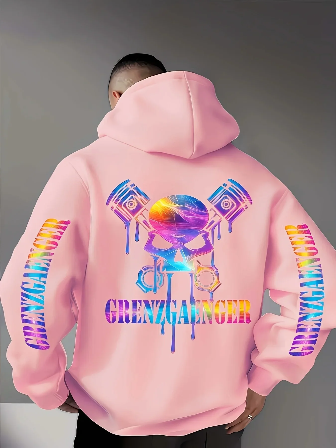 Men's Skull and Piston Pattern Hoodie for Autumn/Winter - Rainbow Drops - GRENZGAENGER Letter Print Motorcycle Pullover