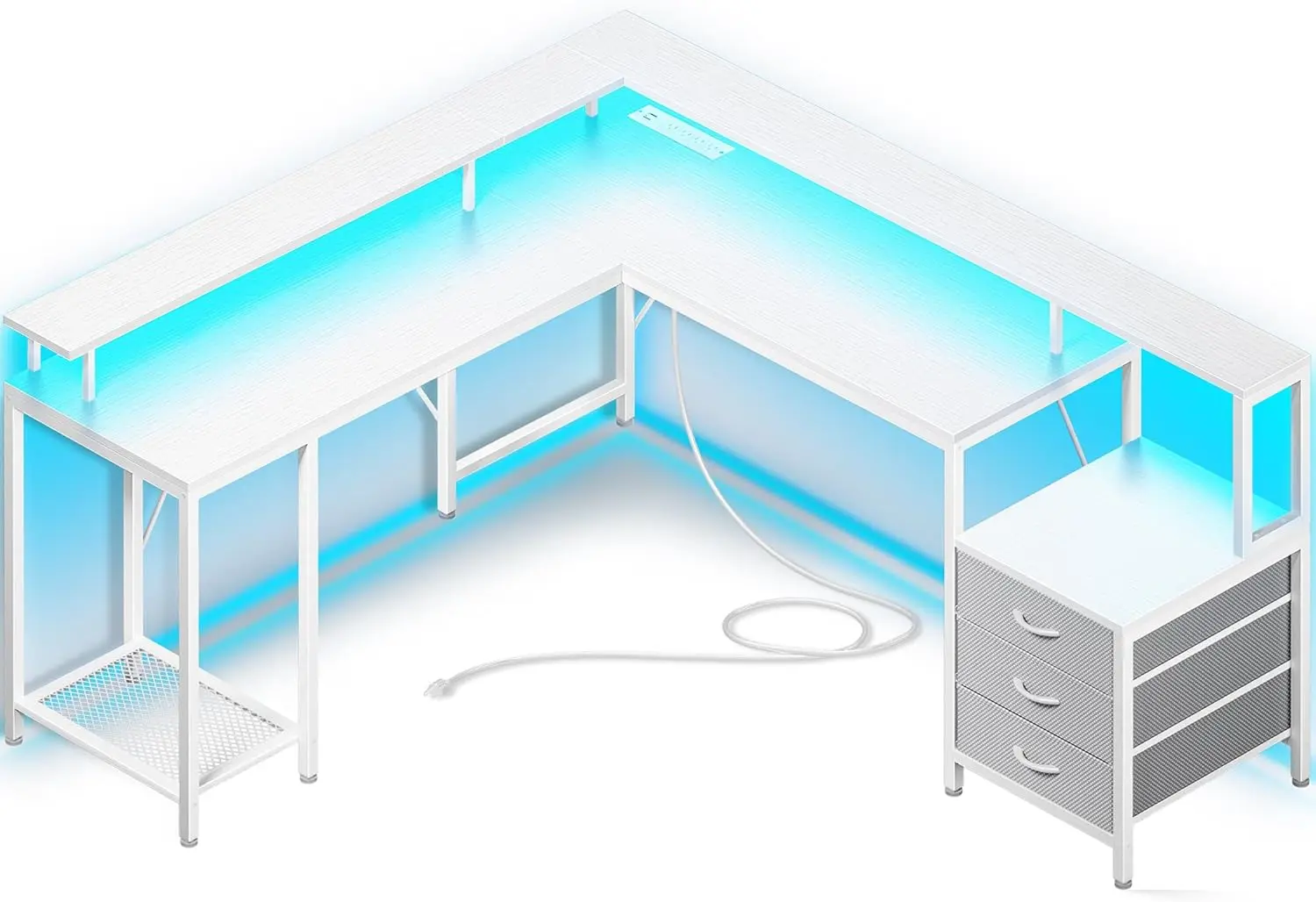 Scrivania da gioco a forma di L con luci a LED e prese di corrente, scrivania per Computer con 3 cassetti