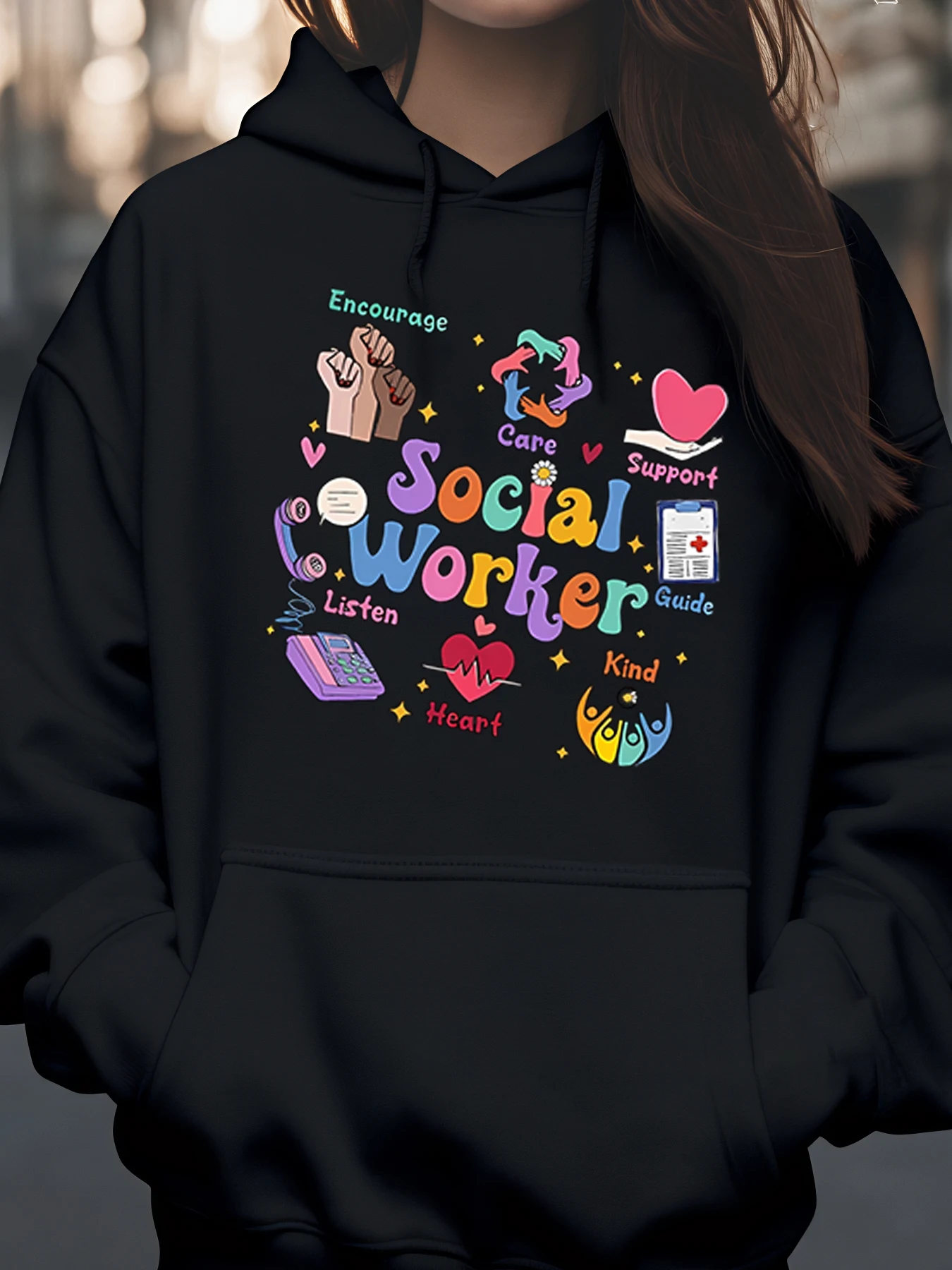

Социальный работник, поощрение, поддержка прослушивания, руководство, толстовка с капюшоном с принтом сердца, фестивальная повседневная одежда для социальных работников