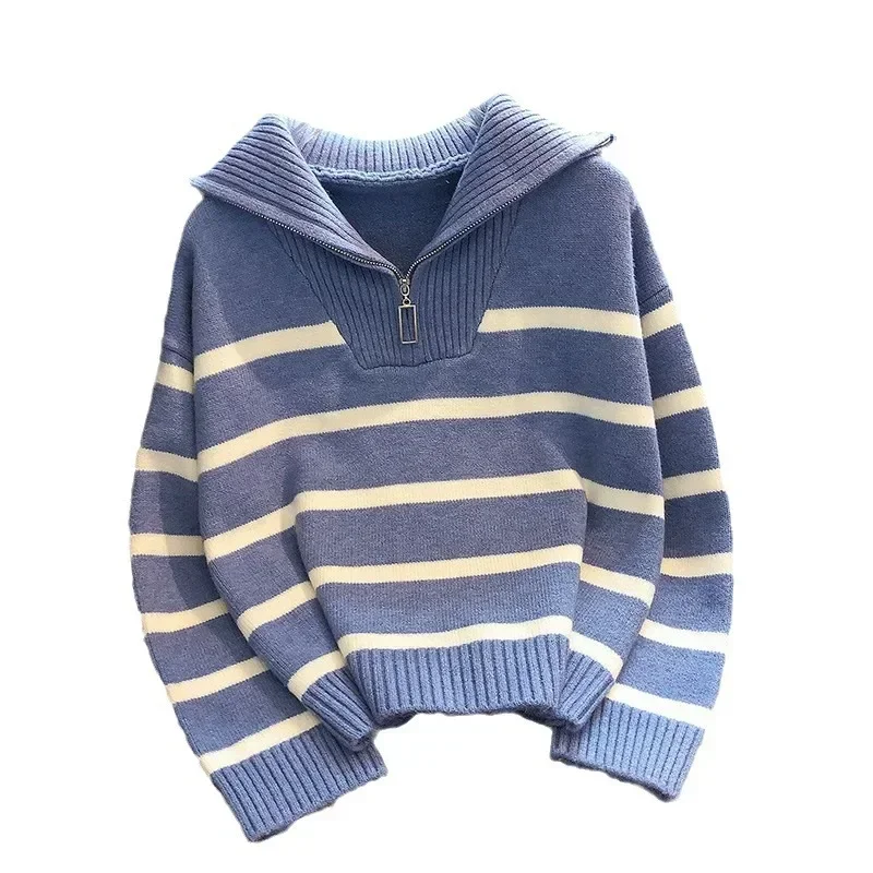 Women Jumper Striped Polo Collar Sweaters Spliced Zipper Pullovers Long Sleeve Knitting Jumpers Casual Loose 2024 Summer