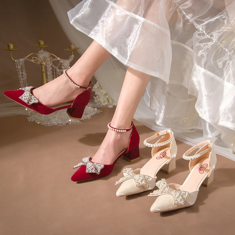 New Bow Shoes Women Rhinestone Pearls Pointed Red High Heels Wedding Bride Lasies Shoes Trend 2023 Spring Summer Pumps Red