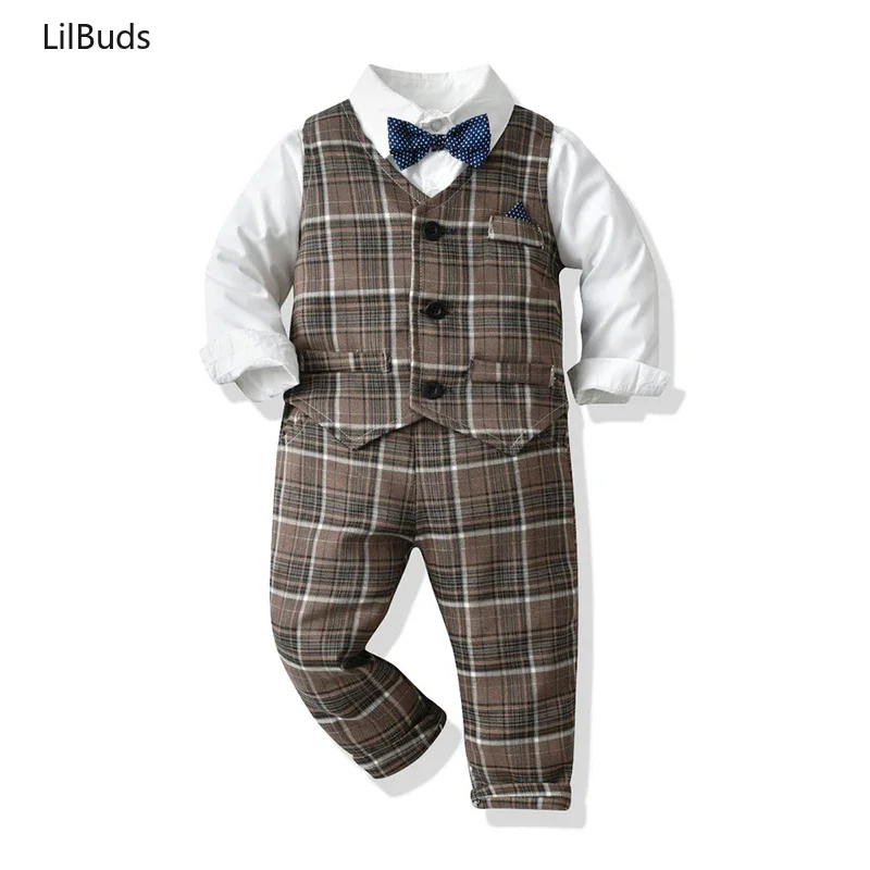 

2024 Boys Casual Clothing Sets Boy Suits Wedding Kids Formal Outfit Long Sleeve White Bowtie Shirt+Plaid Vest+Pants 3Pcs Clothes