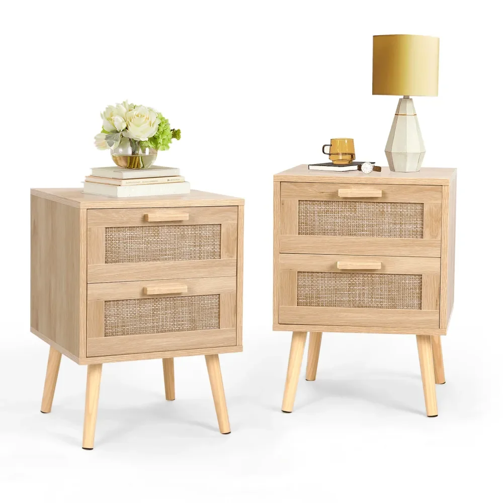 2 mesitas de noche de ratán, mesa auxiliar con 2 cajones decorados con ratán hechos a mano, mesa decorativa de madera con almacenamiento para dormitorio, Natura