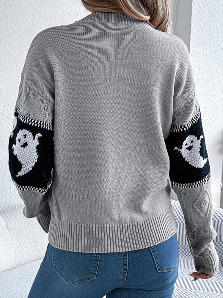 Maglione con motivo fantasma a tema Halloween Pullover lavorato a maglia a contrasto da donna a maniche lunghe camicia con fondo in maglia calda e confortevole