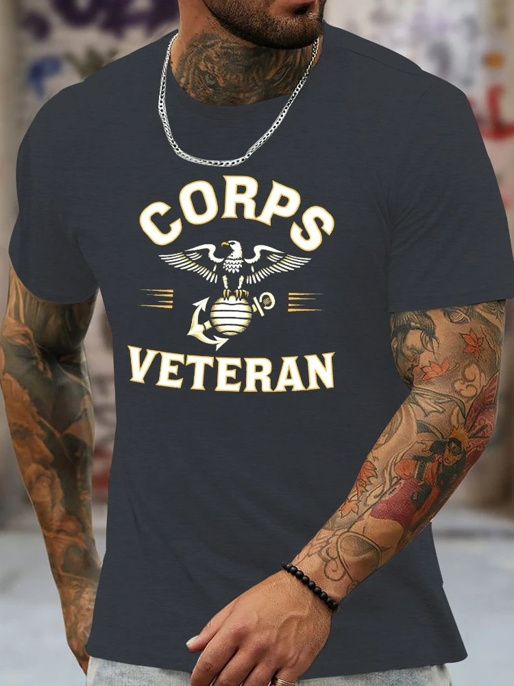 

Men's Corps Veteran Patriotic Eagle & Anchor Emblem pattern - 100% cotton summer short sleeve O-neck printed T-shirt.