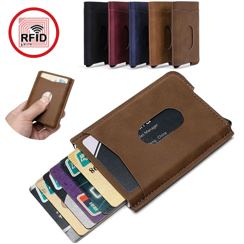 Herren Ultra-dünner Automatischer Pop-up PU-Leder Kartenhalter Aluminium RFID-Blockierender Kreditkartenhalter Tragbare Damen Geschäftsbrieftasche